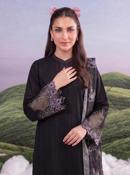 Elegant Black Embroidered Lawn 3-Piece Suit with Printed Dupatta