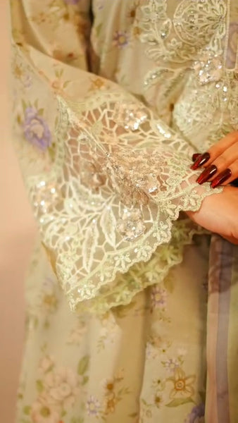 Celestial Mint Embroidered 3-Piece Lawn Suit with Printed Dupatta