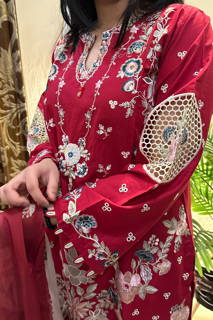 Ruby Bloom Embroidered 3-Piece Lawn Suit