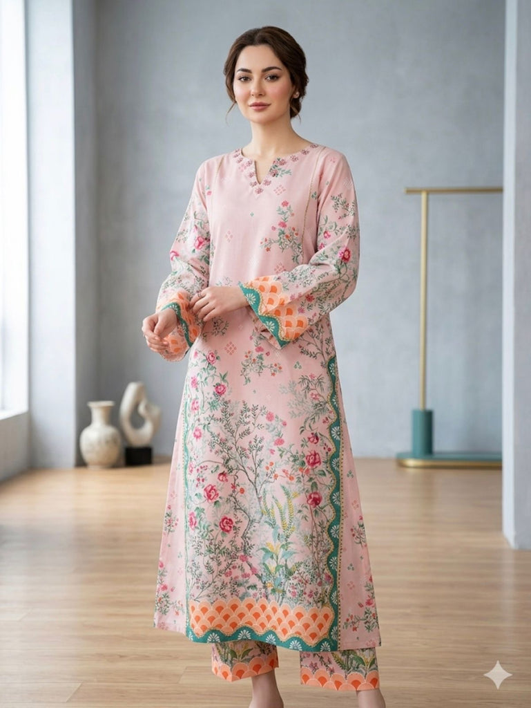 Lawn 2-Piece Kaftaan Set – Blush Garden