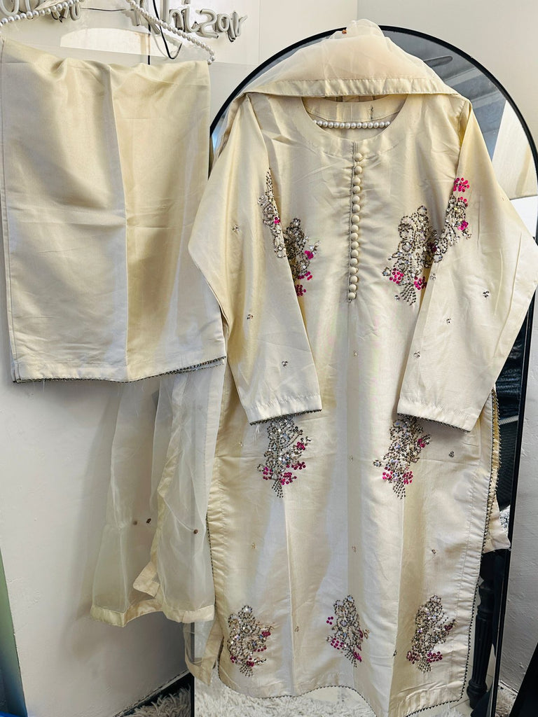 Cream Blossom Embroidered 3-Piece Set (Raw Silk)