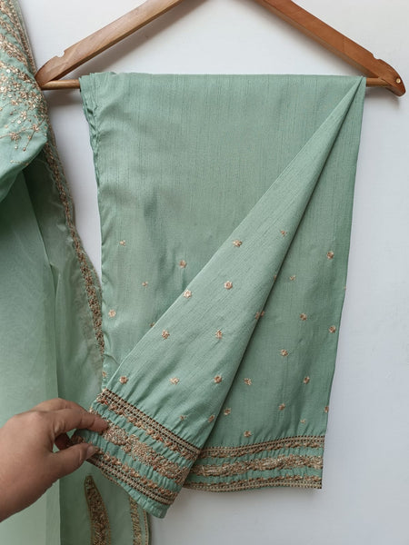 Emerald Elegance: Apple Green 3Pc Raw Silk Ensemble”