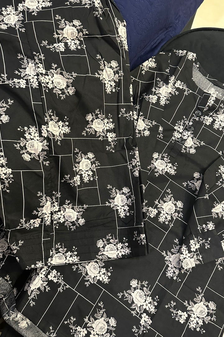 Elegant Black & White Floral Printed 2-Piece Suit – Soft Summer Wear