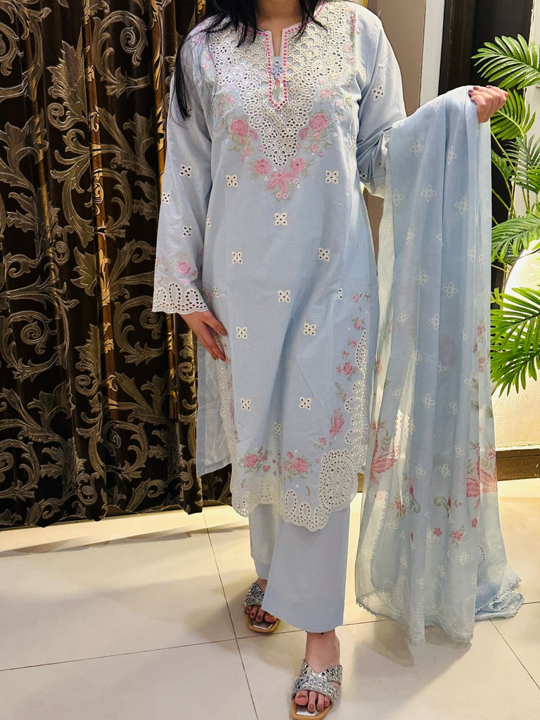Powder Blue Elegance 3-Piece Embroidered Lawn Suit