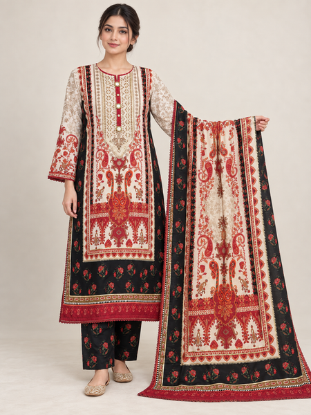 Ivory & Black Paisley Silk Khaddar 3-Piece Suit