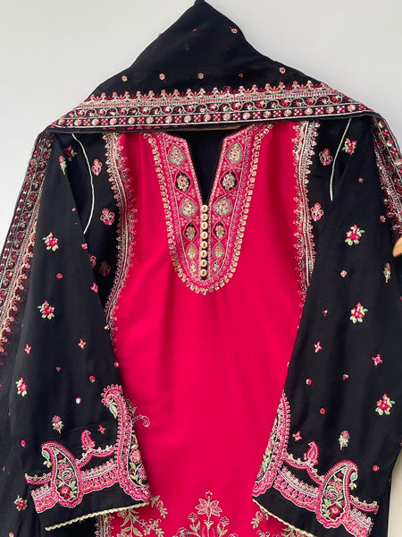 Cotton Lawn 3 Piece Embroidered & Sequin Suit – Black & Ruby Pink