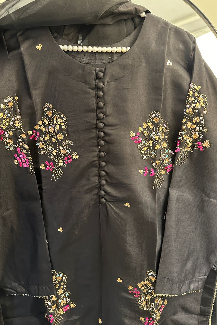 Black Blossom Embroidered 3-Piece Set (Raw Silk)