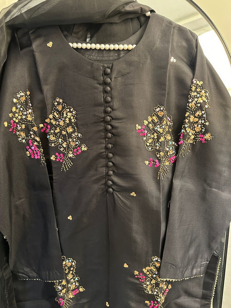 Black Blossom Embroidered 3-Piece Set (Raw Silk)