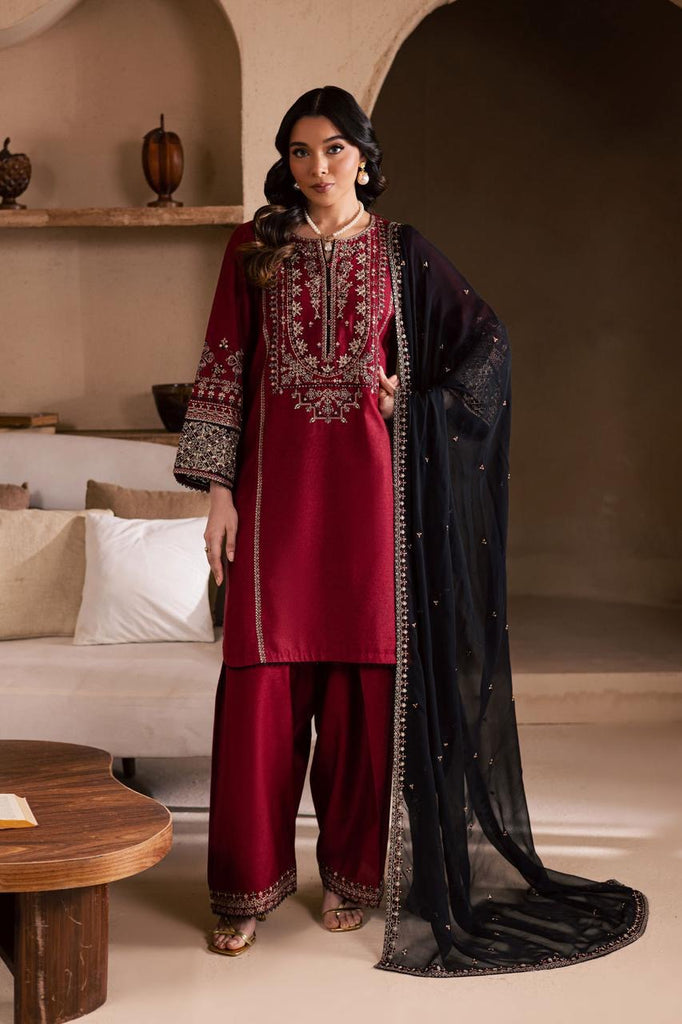 Royal Maroon Embroidered Kurta with Farshi Shalwar & Chiffon Dupatta ✨