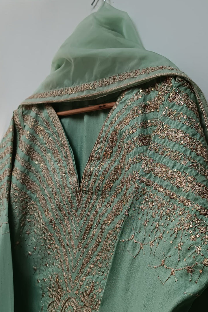 Emerald Elegance: Apple Green 3Pc Raw Silk Ensemble”