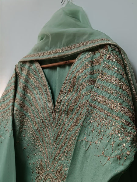 Emerald Elegance: Apple Green 3Pc Raw Silk Ensemble”