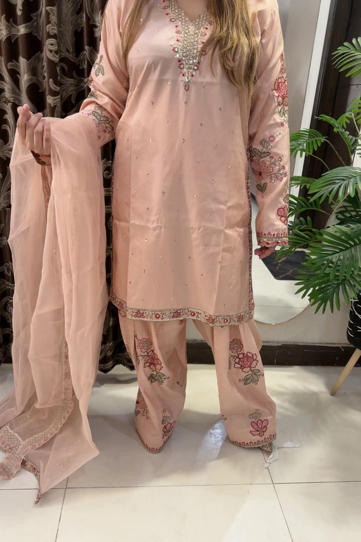 Peach Raw Silk Embroidered 3-Piece Suit with Organza Dupatta