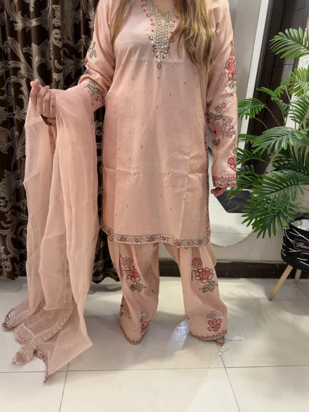 Peach Raw Silk Embroidered 3-Piece Suit with Organza Dupatta