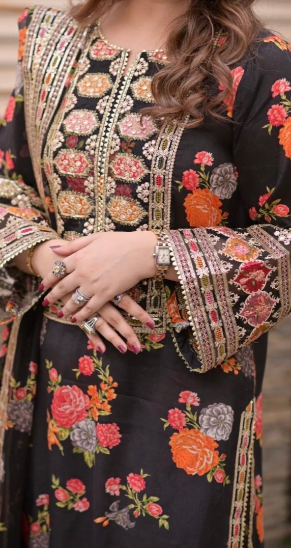 ARZAY “Black Floral Embroidered 3-Piece Suit – Luxury winter Collection”