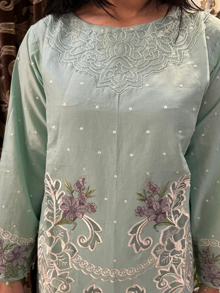 Mint Green Embroidered 3-Piece Lawn Suit Silk Dupata– Luxury Festive Collection