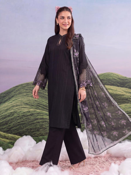 Elegant Black Embroidered Lawn 3-Piece Suit with Printed Dupatta
