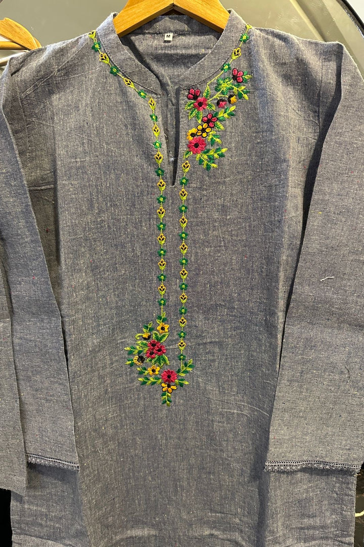 Floral Threadwork grey karandi             2-Piece Set winter