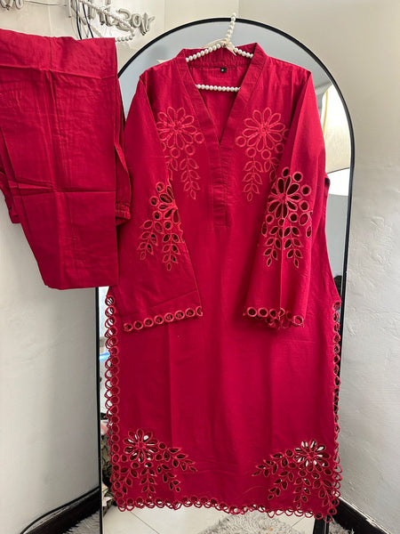Red Floral Cutwork Chicken Kari Lawn – 2 Piece