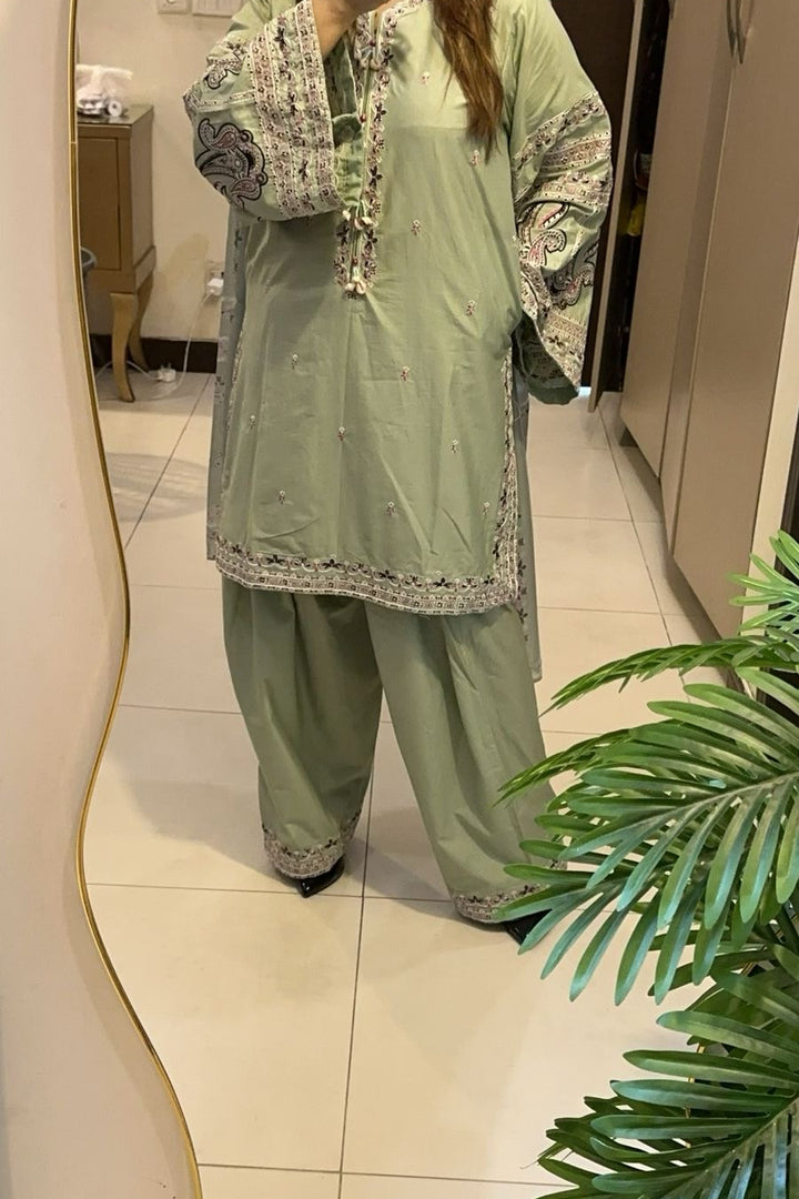 Sage Green Embroidered 3 Piece Lawn Suit – Elegant Festive Wear