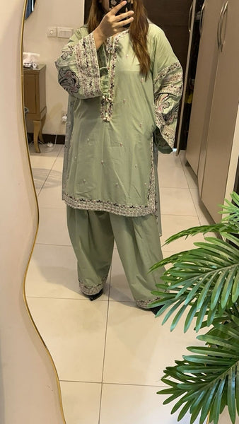 Sage Green Embroidered 3 Piece Lawn Suit – Elegant Festive Wear