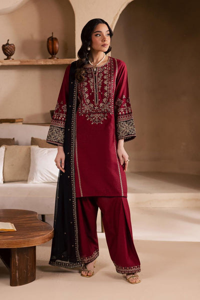 Royal Maroon Embroidered Kurta with Farshi Shalwar & Chiffon Dupatta ✨