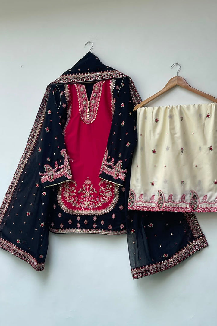 Cotton Lawn 3 Piece Embroidered & Sequin Suit – Black & Ruby Pink