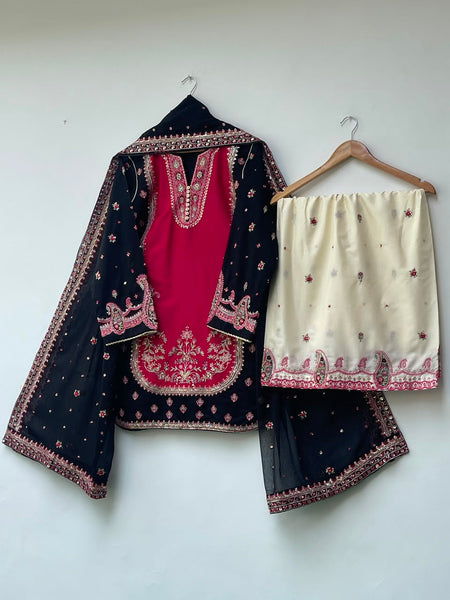 Cotton Lawn 3 Piece Embroidered & Sequin Suit – Black & Ruby Pink