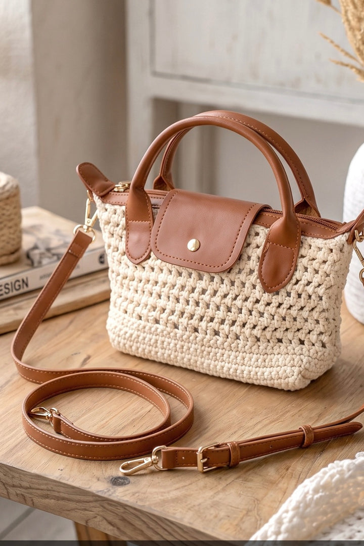 Cream Crochet Handbag with Tan Leather Details & Crossbody Strap