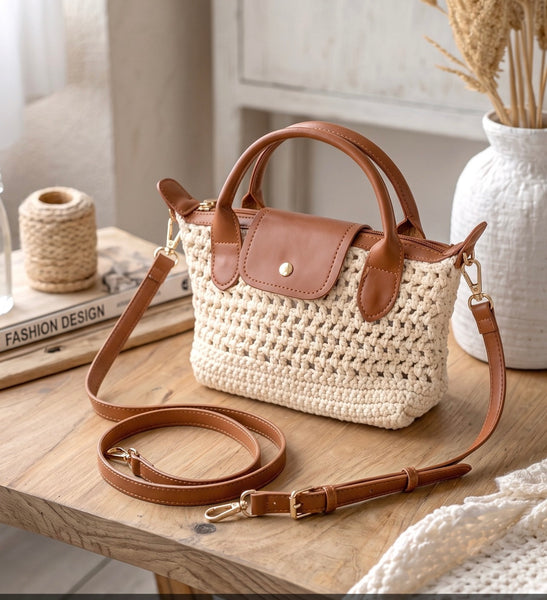 Cream Crochet Handbag with Tan Leather Details & Crossbody Strap