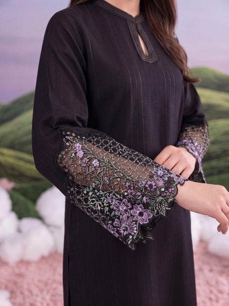 Elegant Black Embroidered Lawn 3-Piece Suit with Printed Dupatta