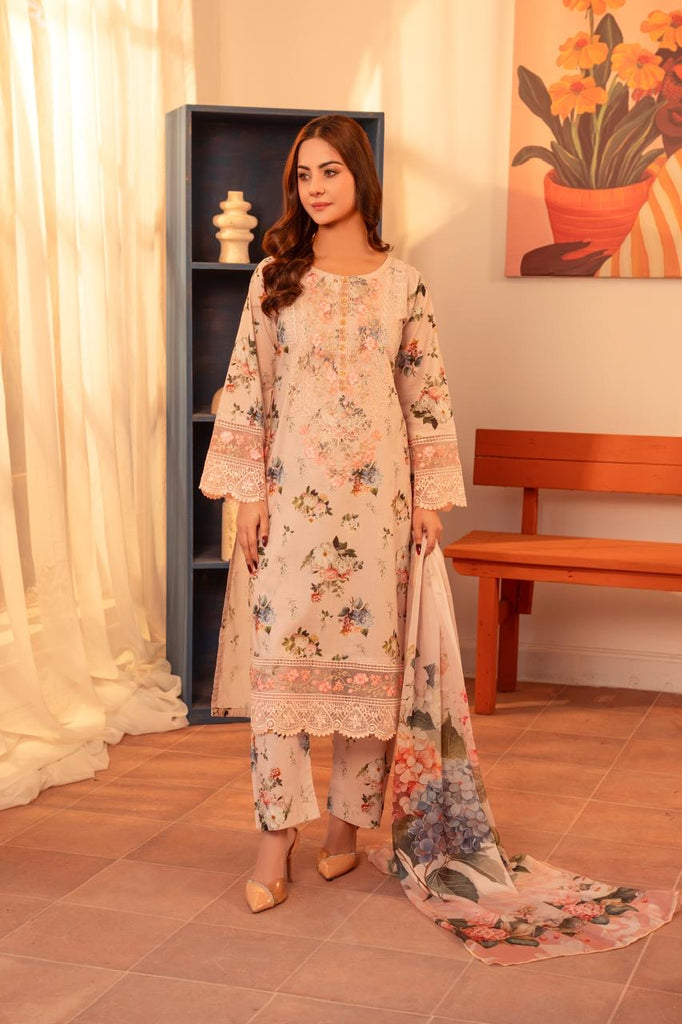 Blush Bloom Floral Lawn 3-Piece Suit with Printed Dupatta