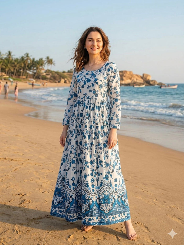 Lawn Printed Blue Floral Border Maxi Dress for Women