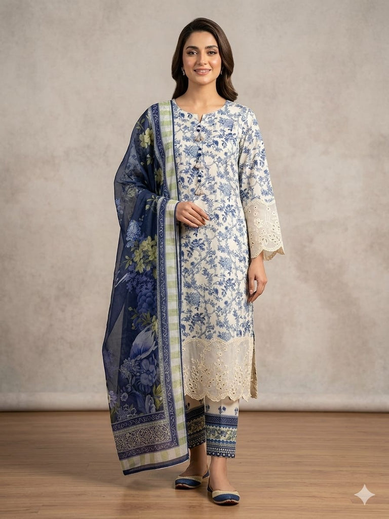 Elegant Blue & Ivory Floral 3-Piece Lawn Suit with Chiffon Dupatta