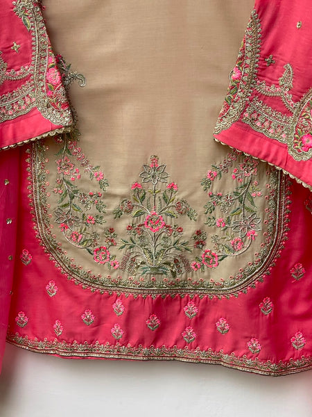 1. Cotton Lawn 3 Piece Embroidered & Sequin Suit – Beige & Pink