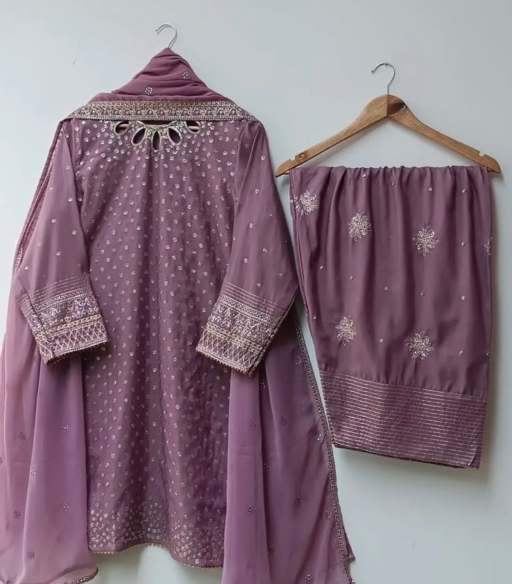 Mauve Embroidered Cotton Lawn 3 Piece Suit with Cotton Silk Dupatta