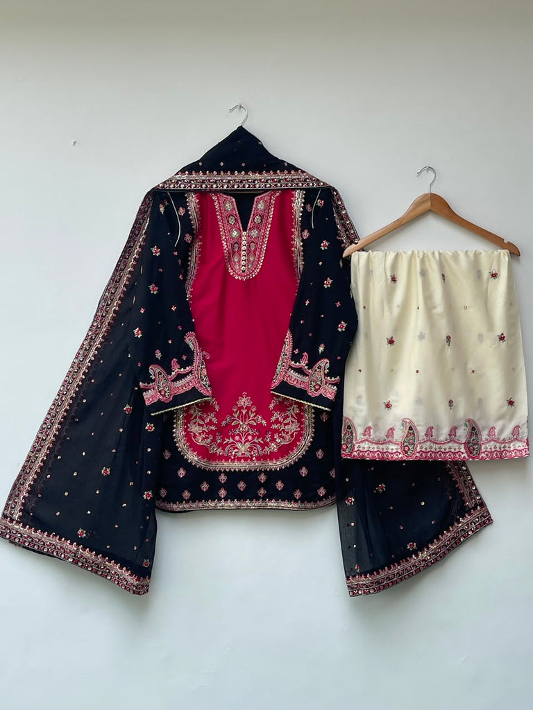 Cotton Lawn 3 Piece Embroidered & Sequin Suit – Black & Ruby Pink