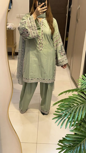 Sage Green Embroidered 3 Piece Lawn Suit – Elegant Festive Wear