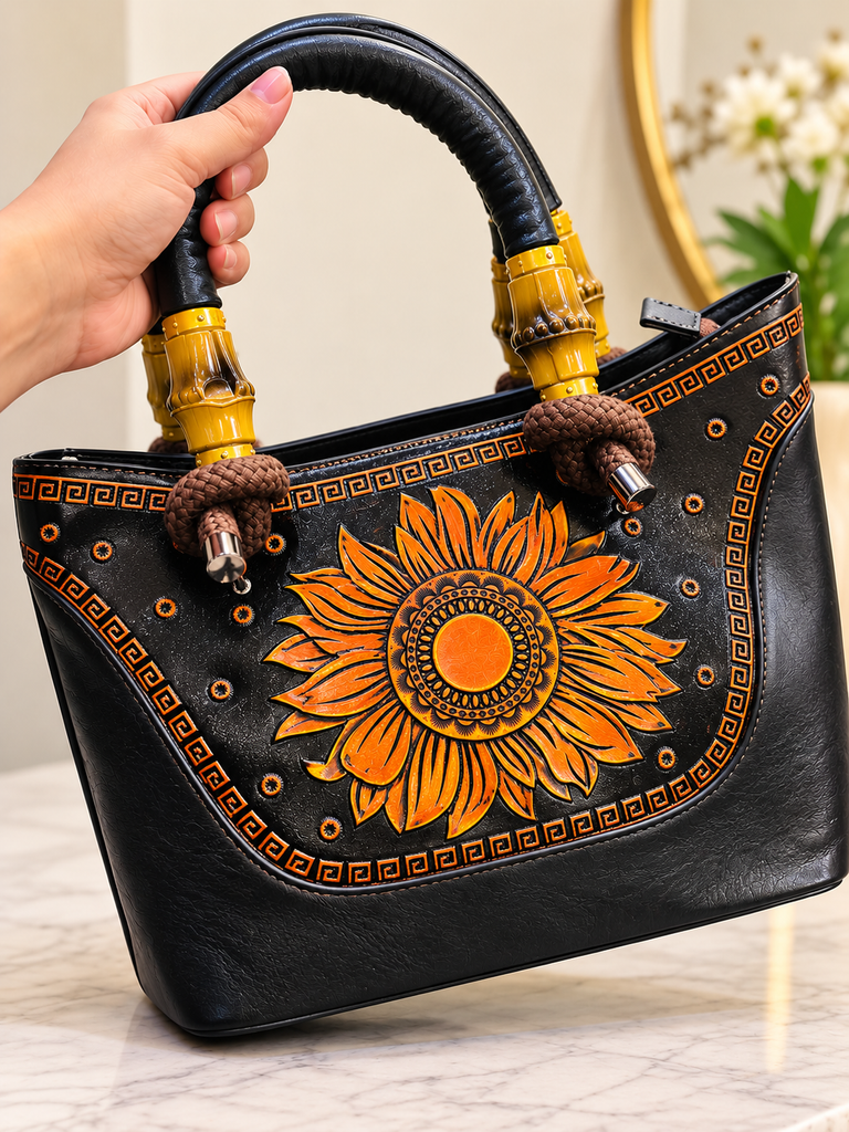 Black Sunflower Embossed Premium Handbag
