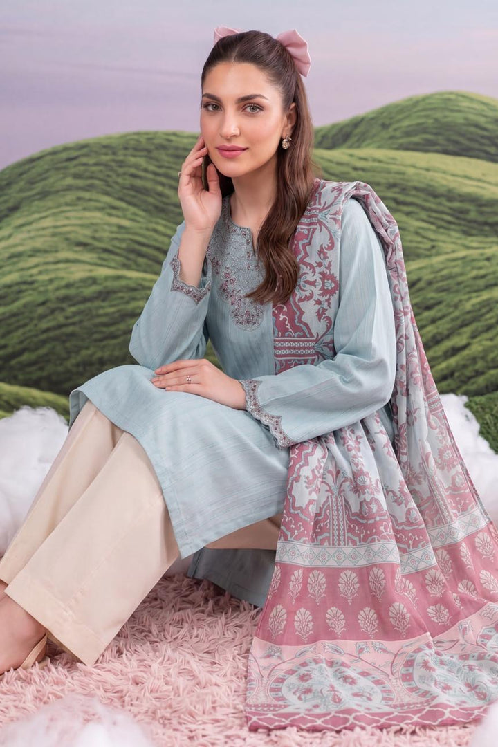 Pastel Blue Embroidered Kurta Set with Printed Dupatta