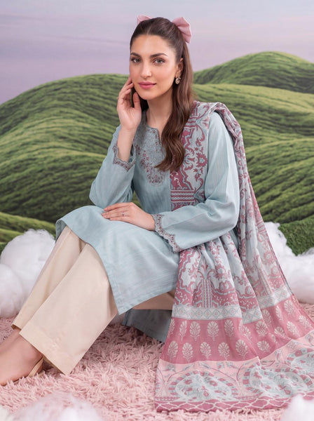Pastel Blue Embroidered Kurta Set with Printed Dupatta