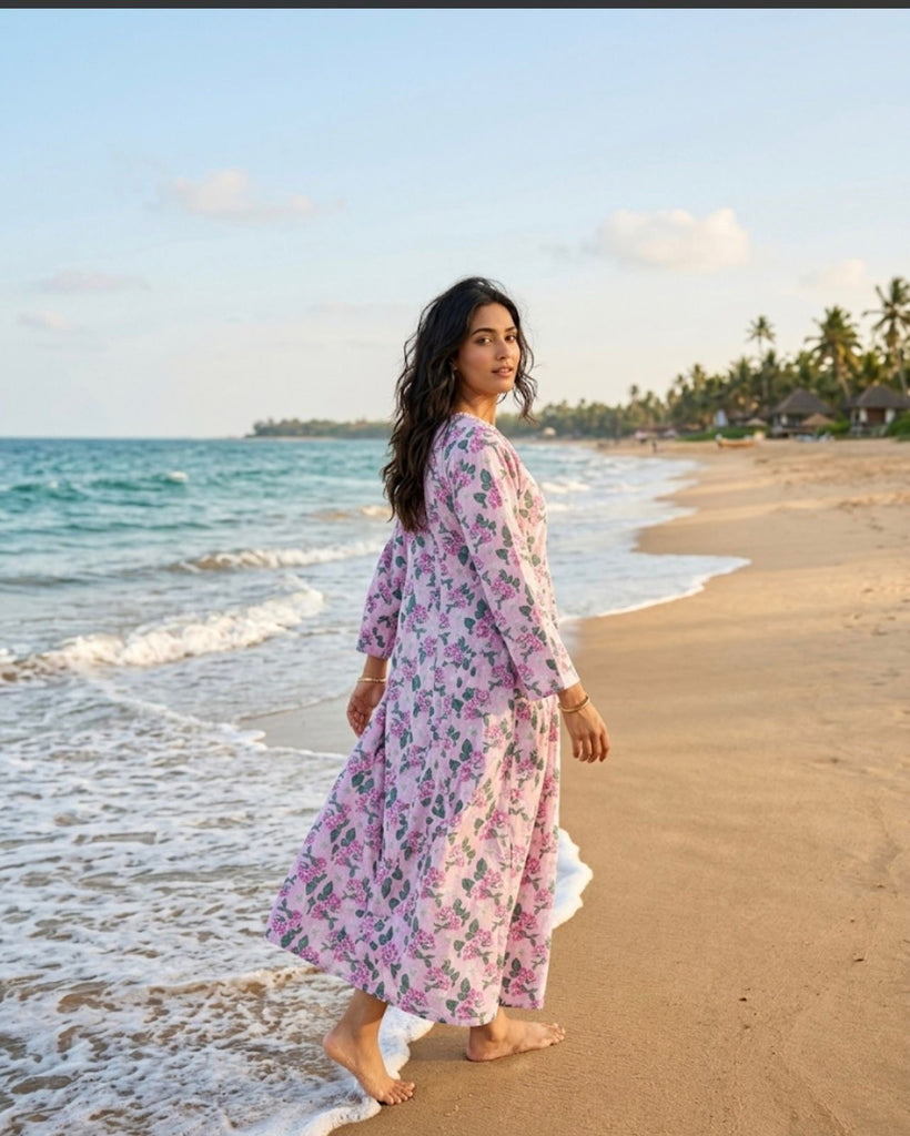 Lawn Printed Pink Floral Maxi Dress for Women