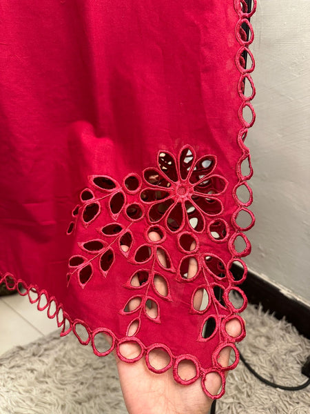 Red Floral Cutwork Chicken Kari Lawn – 2 Piece