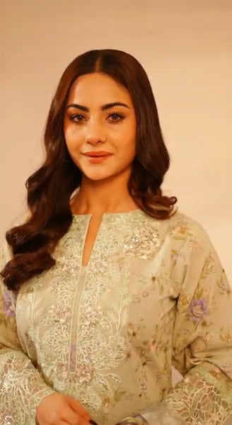 Celestial Mint Embroidered 3-Piece Lawn Suit with Printed Dupatta