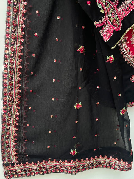 Cotton Lawn 3 Piece Embroidered & Sequin Suit – Black & Ruby Pink