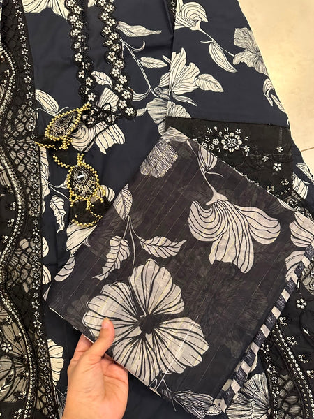 Midnight Bloom 3 Piece Munar Dupatta Suit – Floral Printed Elegance