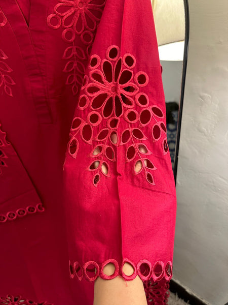 Red Floral Cutwork Chicken Kari Lawn – 2 Piece