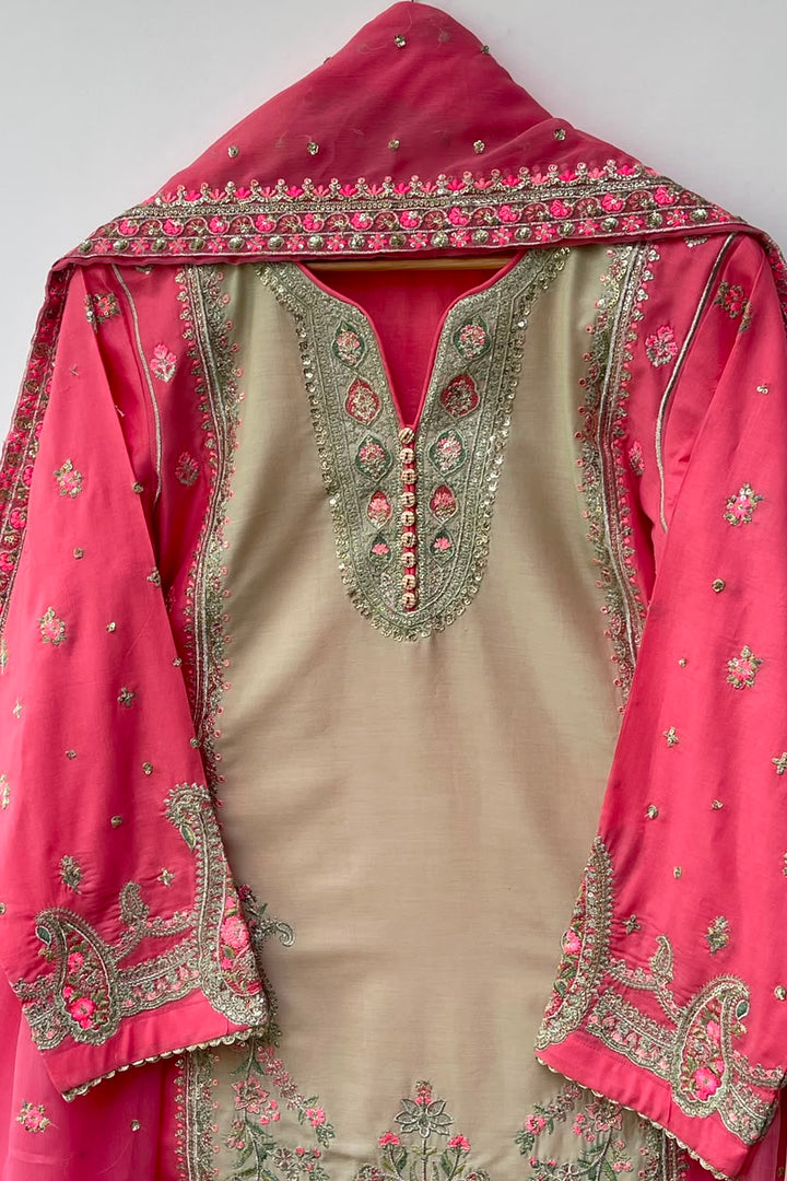 1. Cotton Lawn 3 Piece Embroidered & Sequin Suit – Beige & Pink