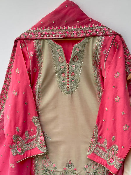 1. Cotton Lawn 3 Piece Embroidered & Sequin Suit – Beige & Pink