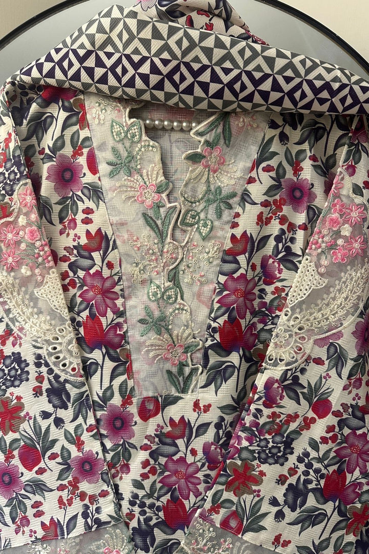 Ethereal Floral Charm – Printed 3 Piece Suit with Statement Lace Dupatta