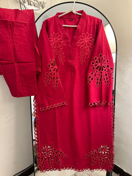 Red Floral Cutwork Chicken Kari Lawn – 2 Piece